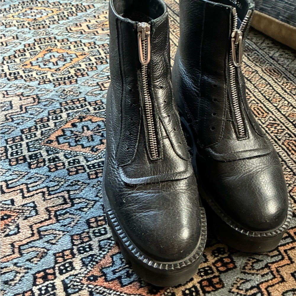 Aquatalia Black Leather Moto lug soled Boots